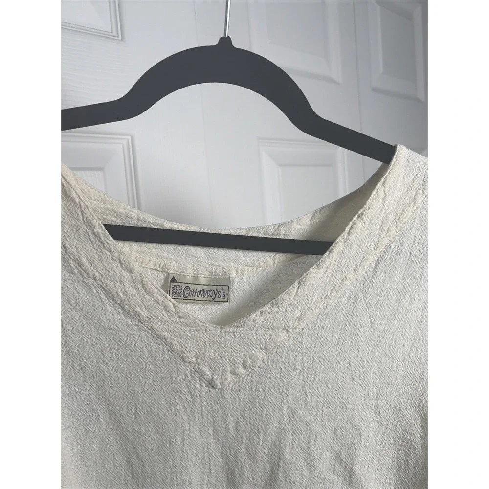 Cottonways Gauze V-Neck Tunic Womens Size 2 Cream Coastal Grandma Roll Tab Top